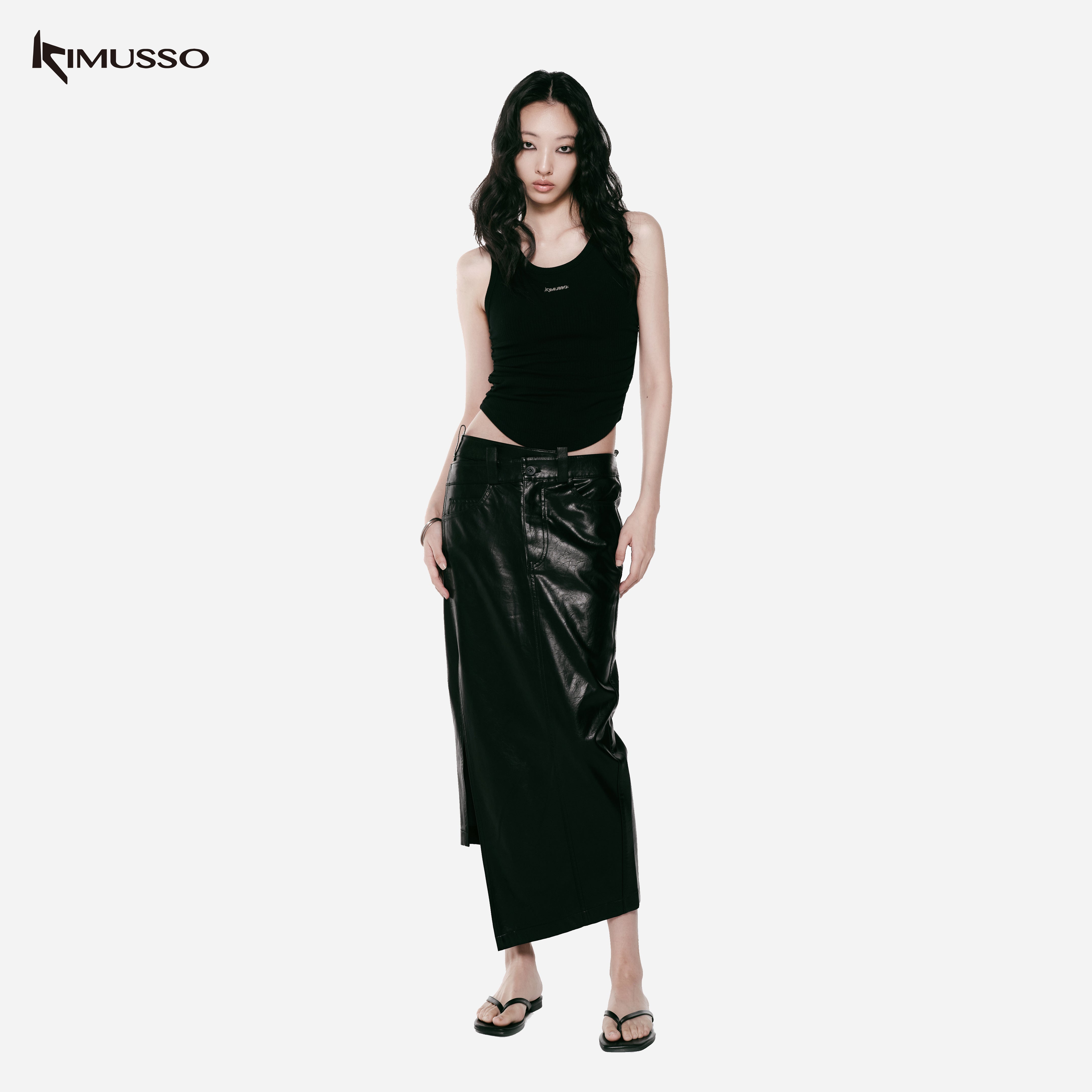 KIMUSSO “Black Thorn Midnight” Asymmetric PU Leather Maxi Skirt