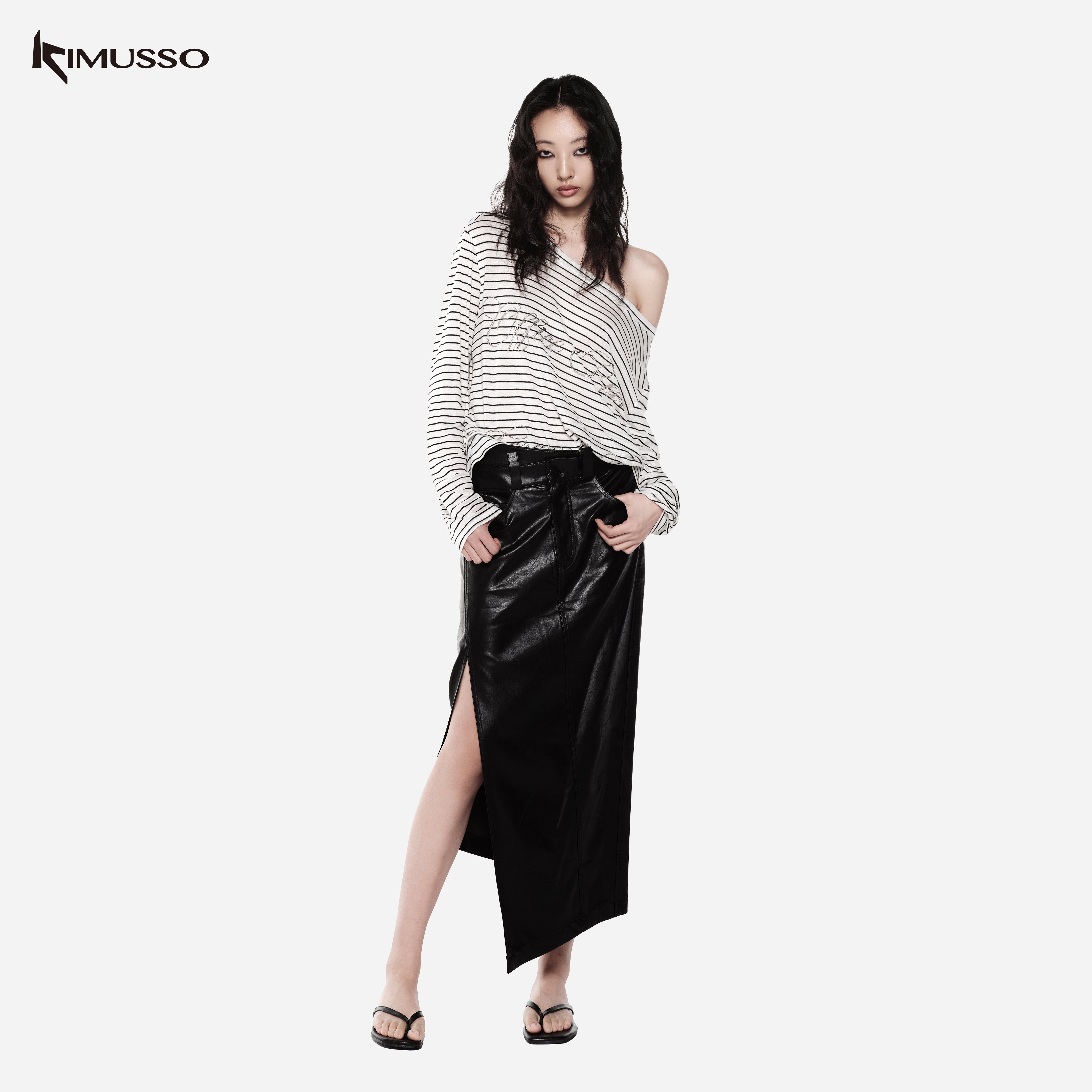 KIMUSSO “Black Thorn Midnight” Asymmetric PU Leather Maxi Skirt