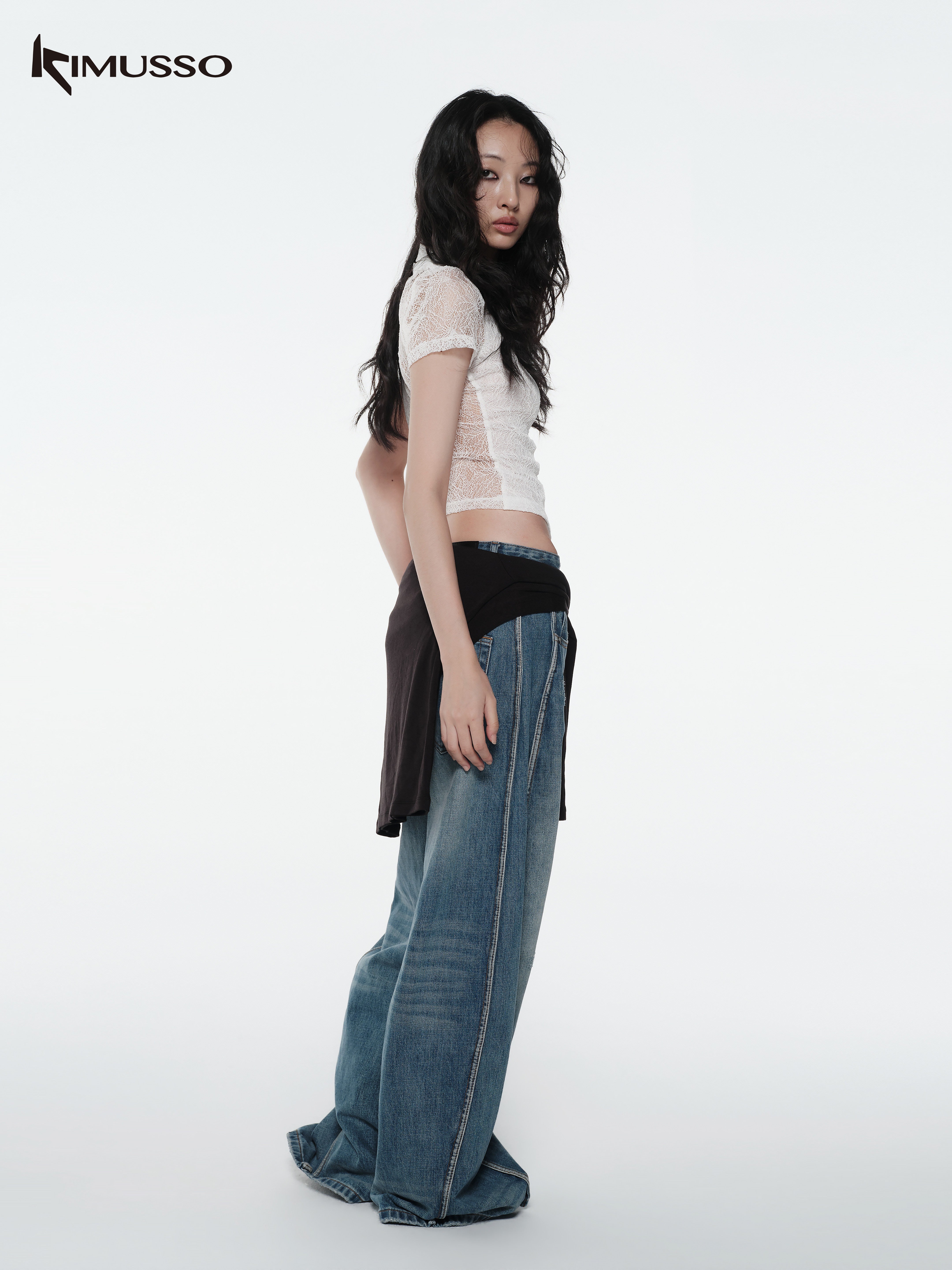 KIMUSSO “Sculptural Twist” Wide-Leg Denim Trousers