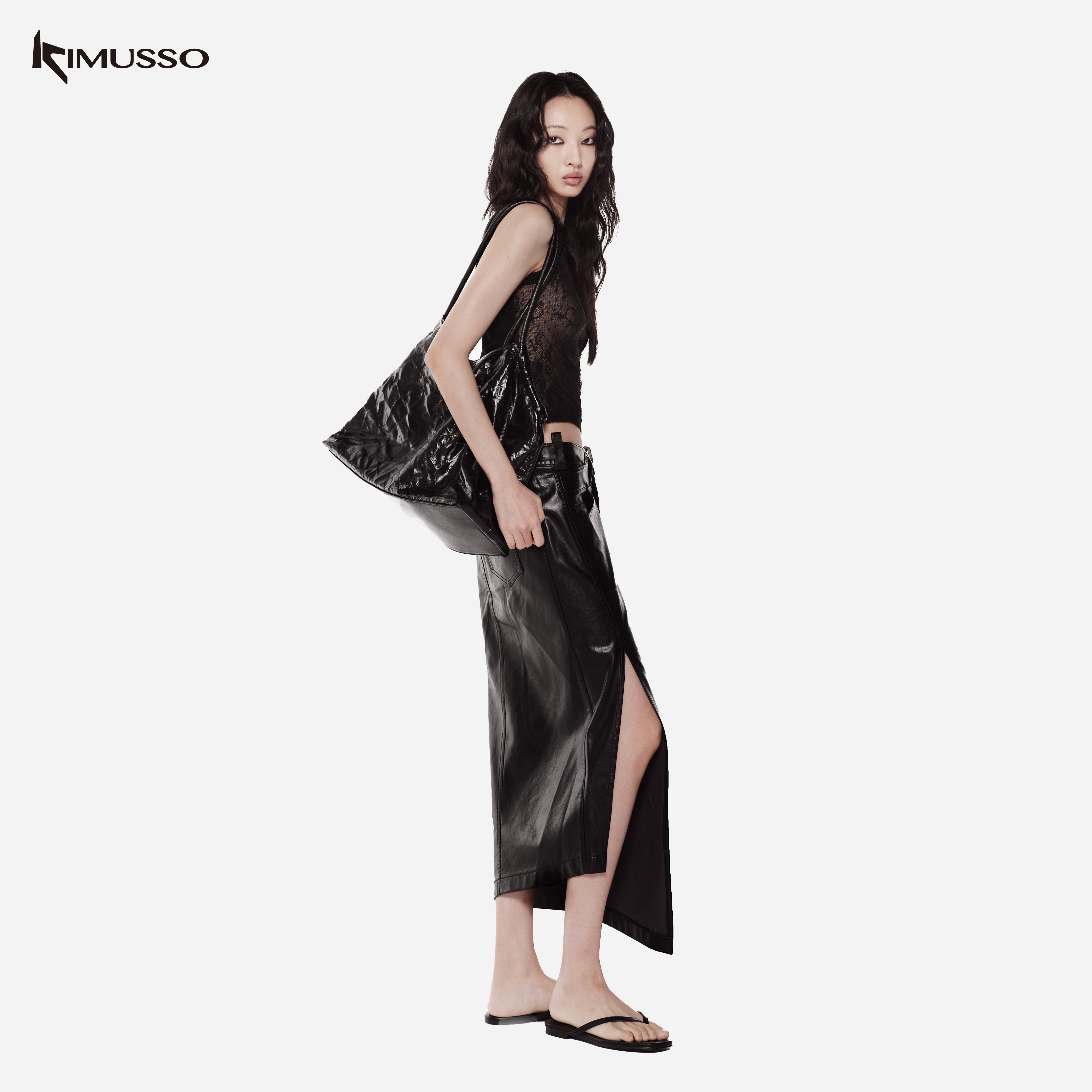 KIMUSSO “Black Thorn Midnight” Asymmetric PU Leather Maxi Skirt