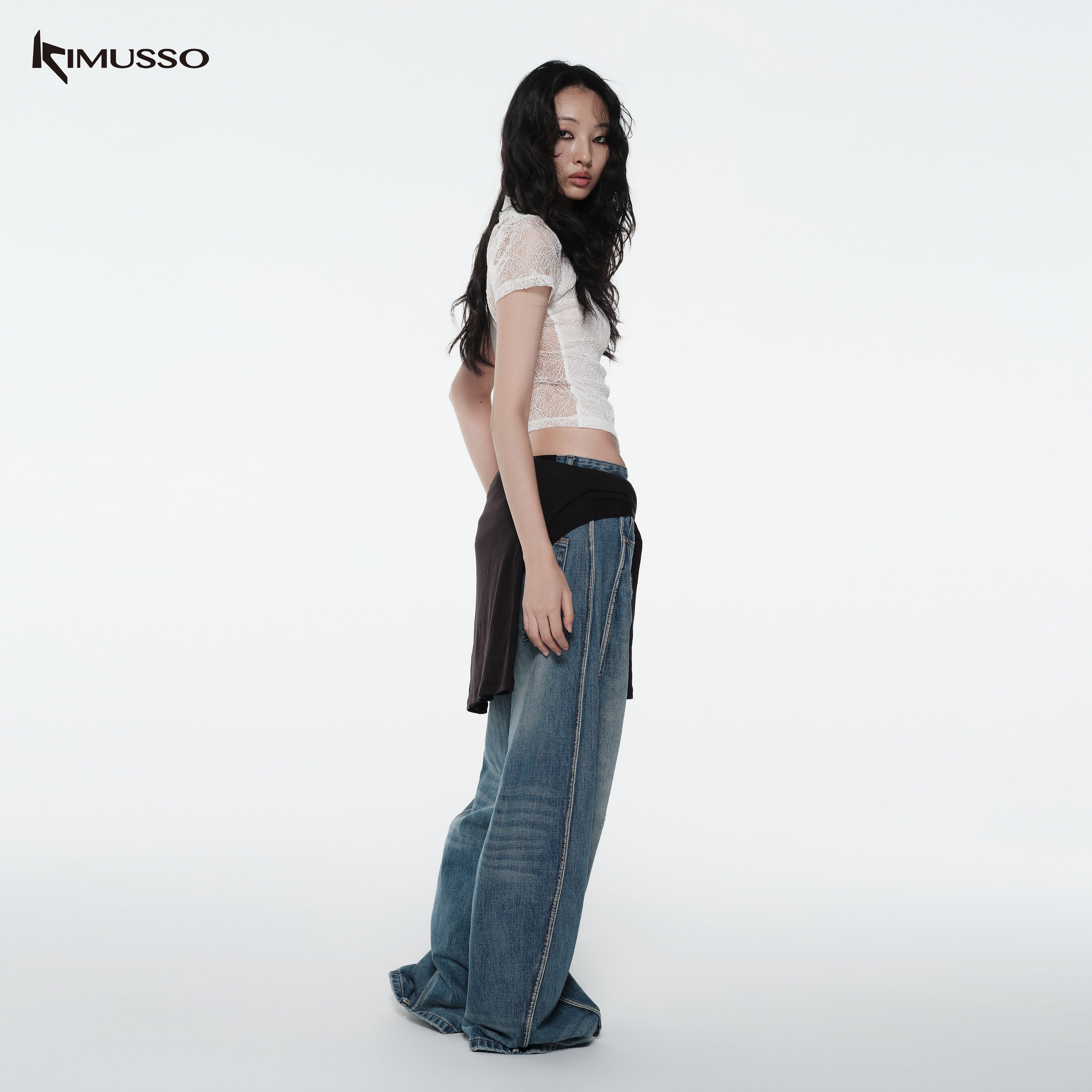 KIMUSSO “Sculptural Twist” Wide-Leg Denim Trousers