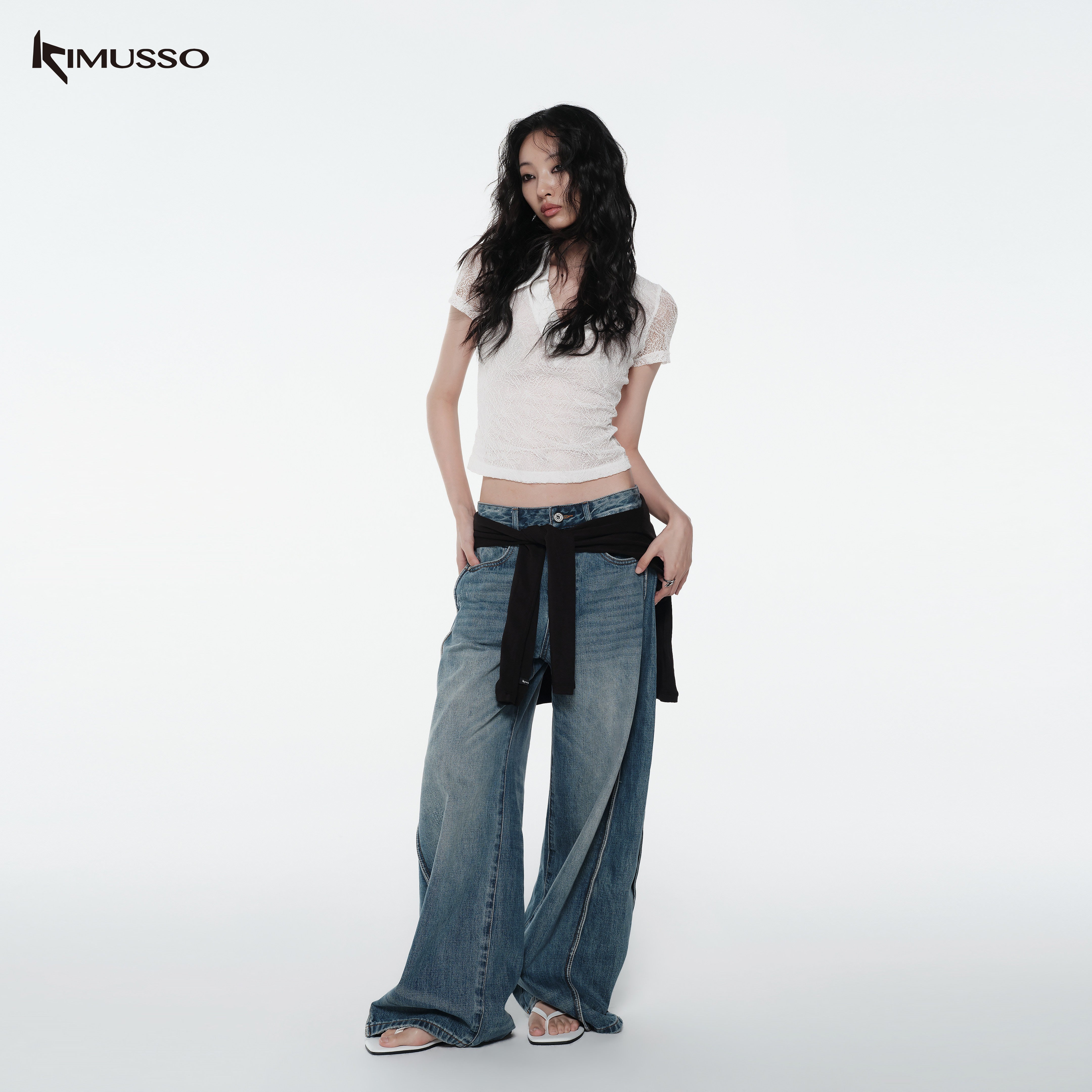 KIMUSSO “Sculptural Twist” Wide-Leg Denim Trousers