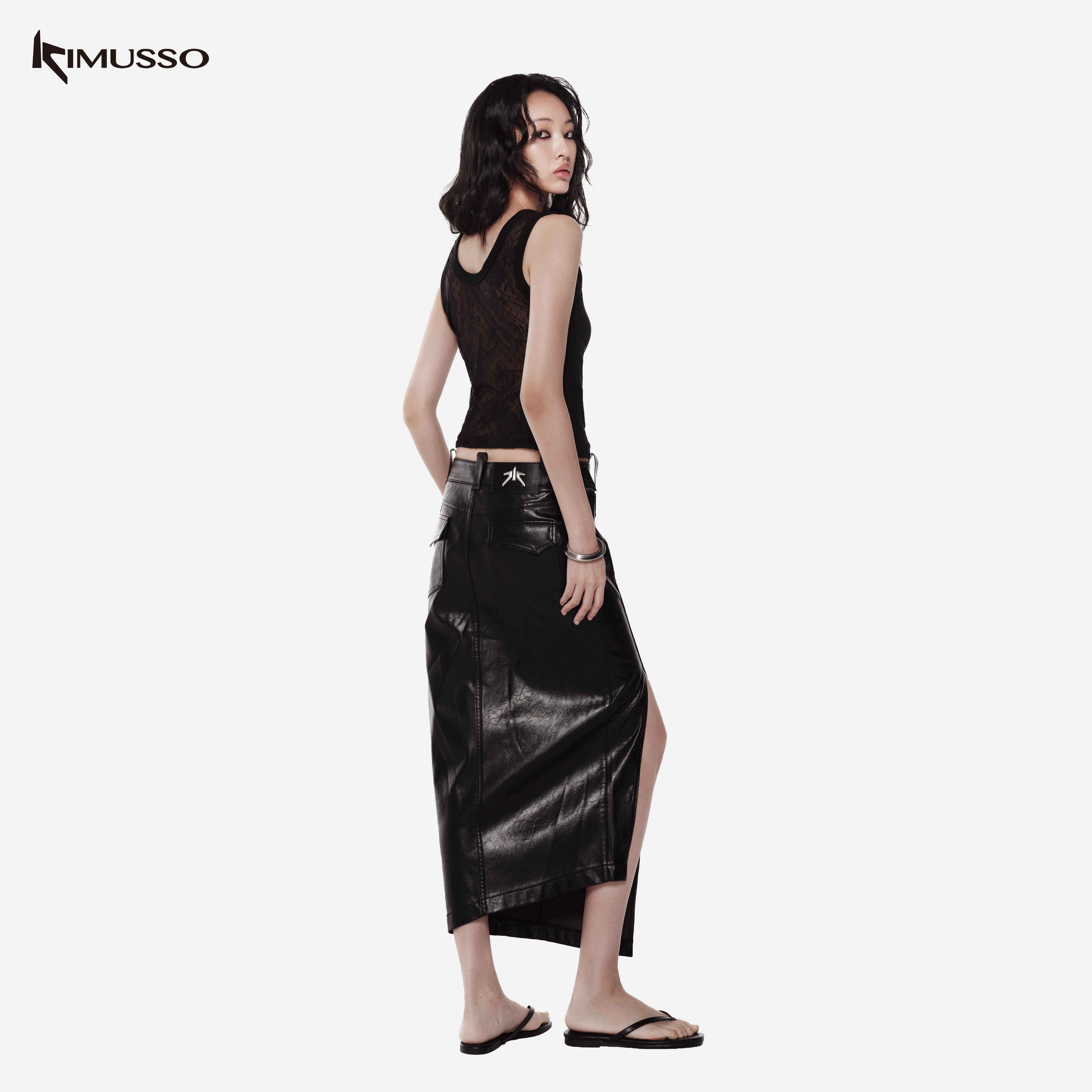 KIMUSSO “Black Thorn Midnight” Asymmetric PU Leather Maxi Skirt
