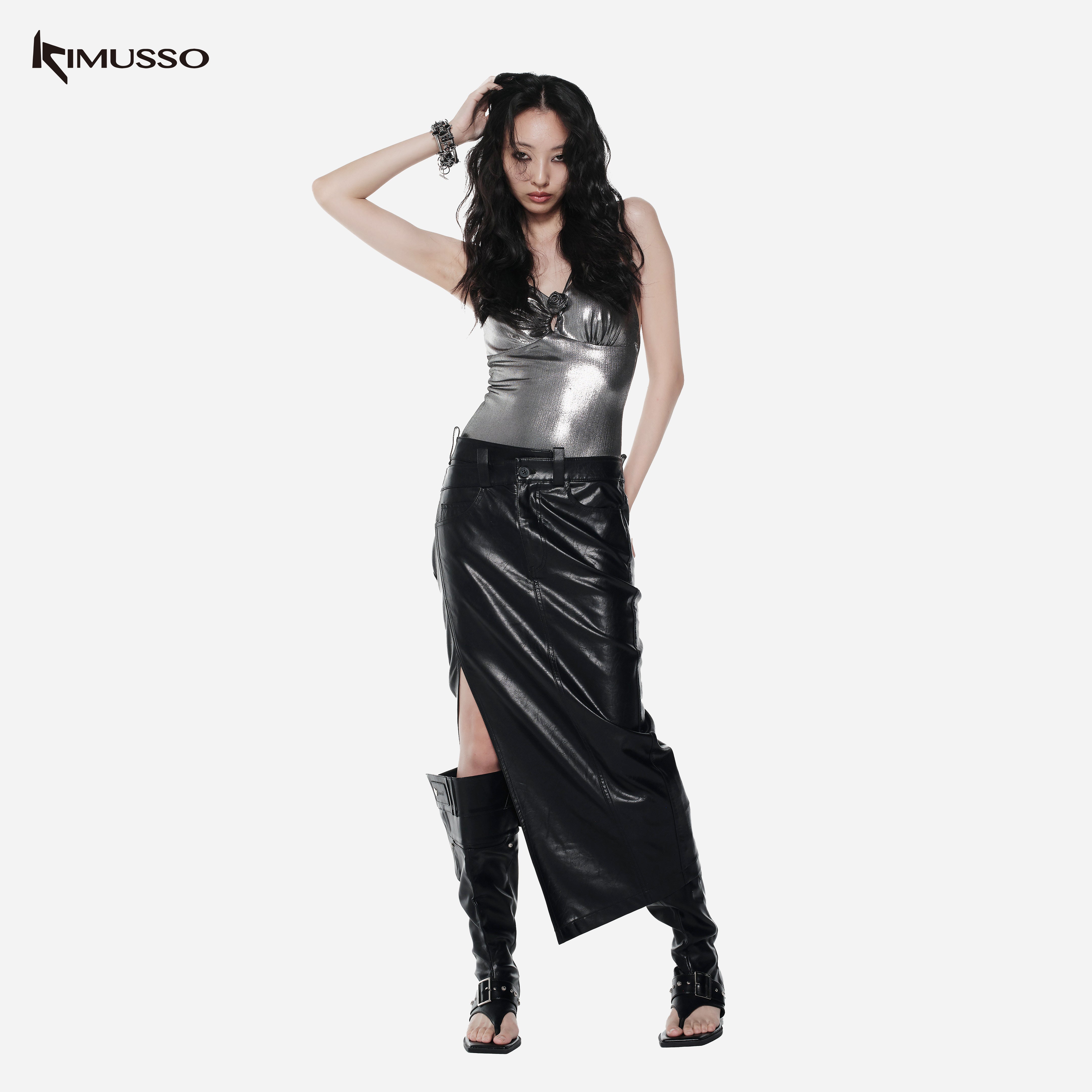 KIMUSSO “Black Thorn Midnight” Asymmetric PU Leather Maxi Skirt