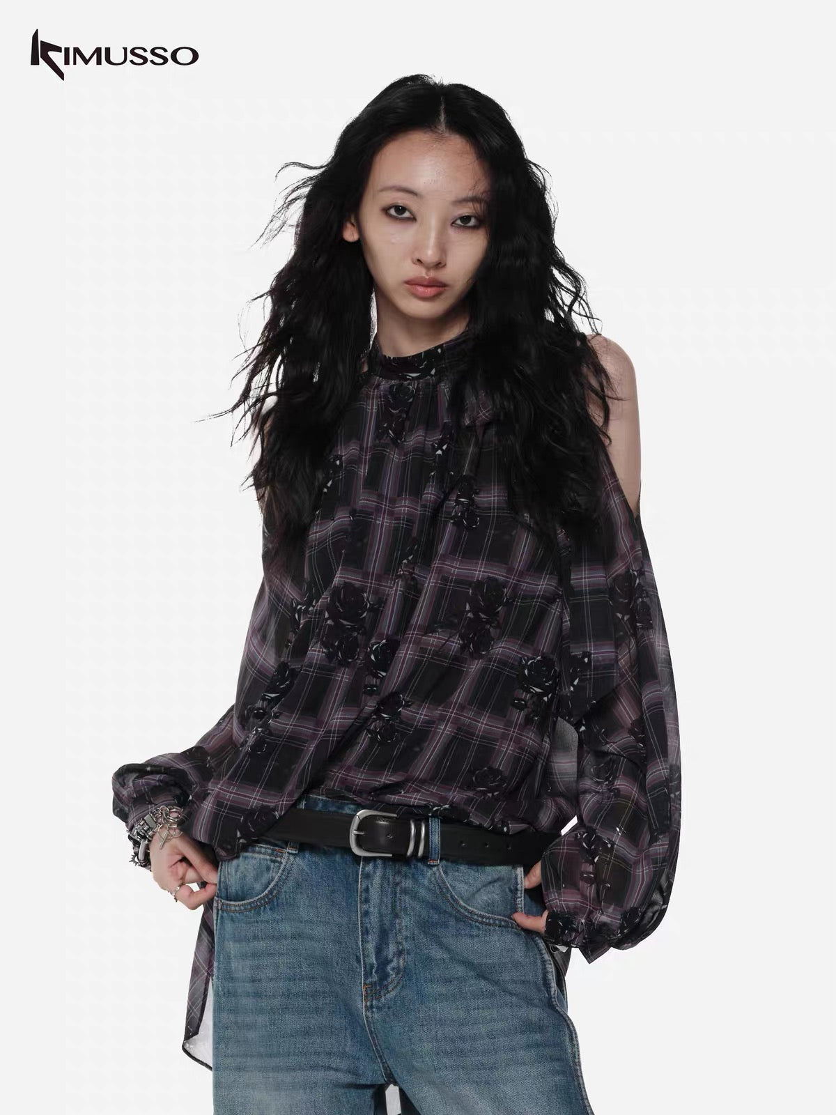 KIMUSSO Thorn checkered shadow off-the-shoulder top