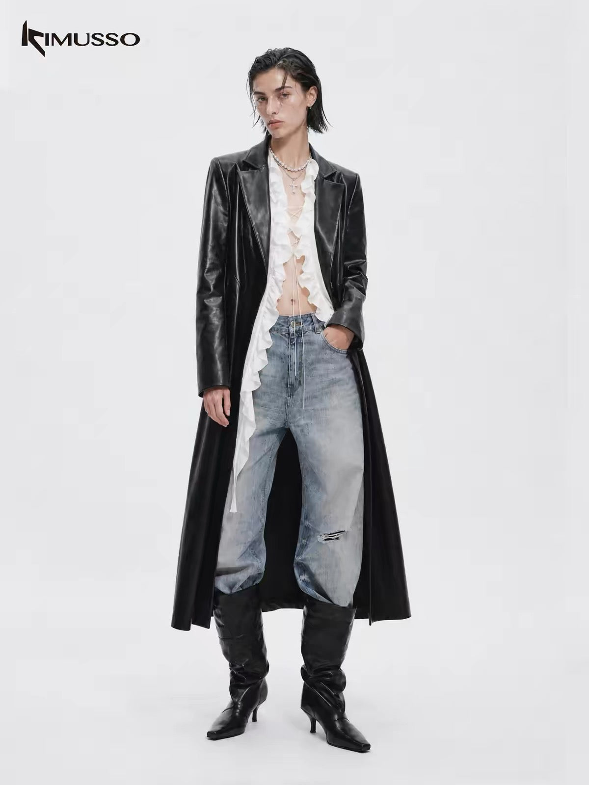 KIMUSSO keel long leather windbreaker