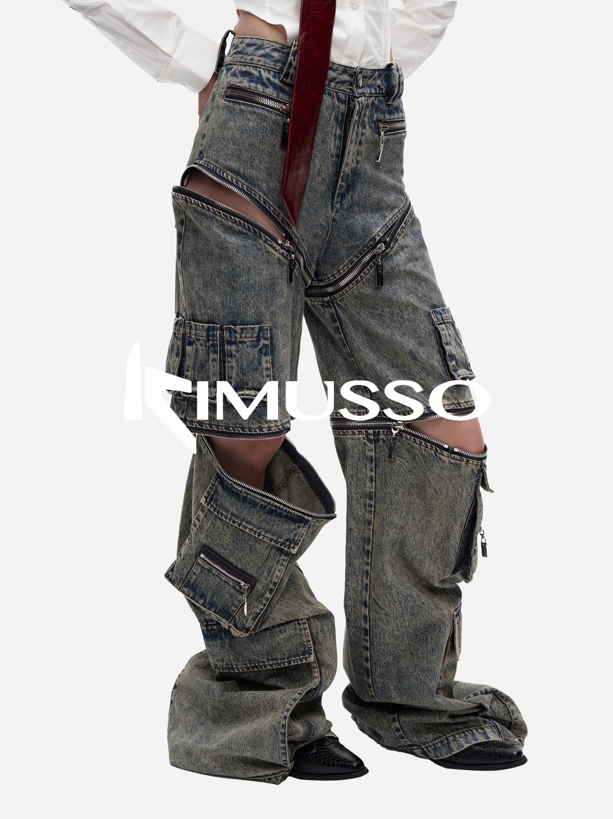 KIMUSSO Zippered workwear wide-leg pants