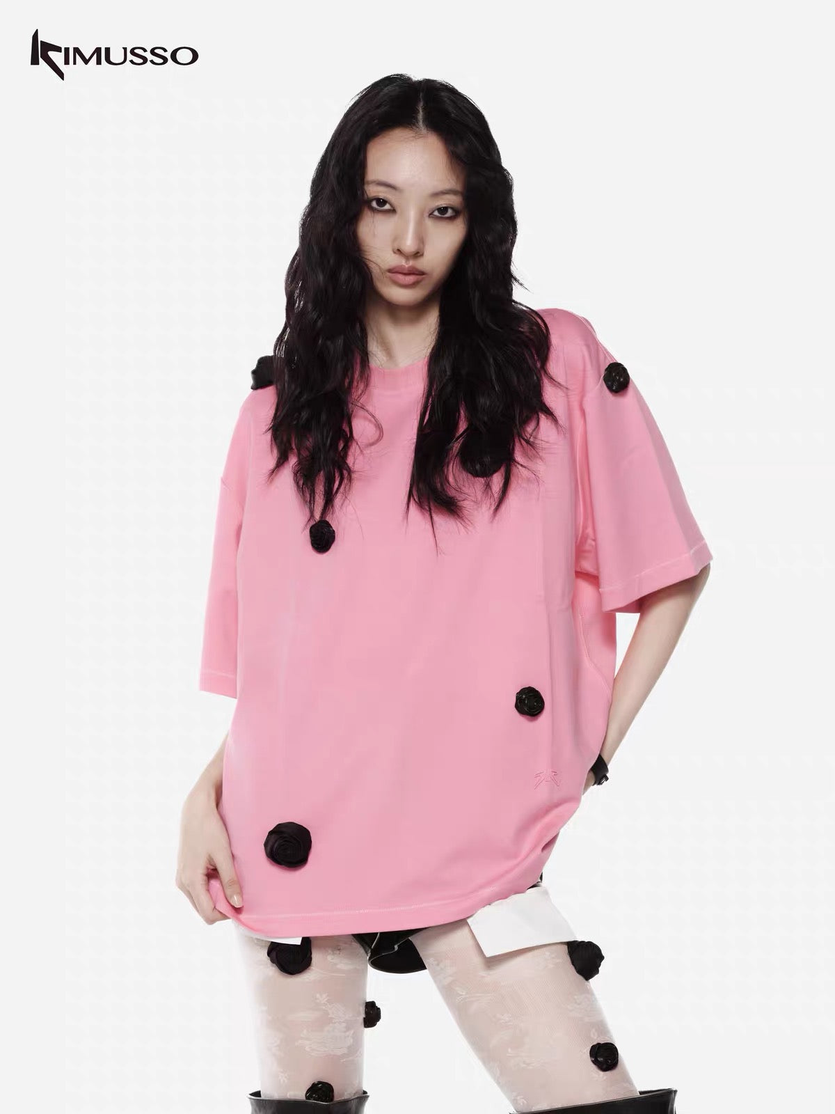KIMUSSO "three-dimensional rose" loose short-sleeved all-cotton