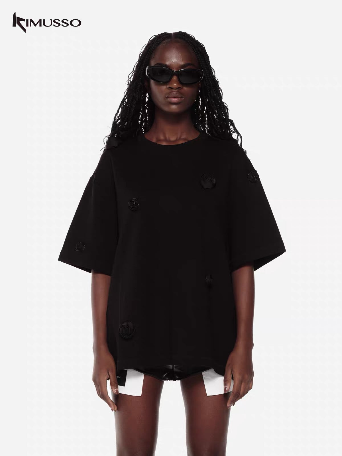 KIMUSSO "three-dimensional rose" loose short-sleeved all-cotton