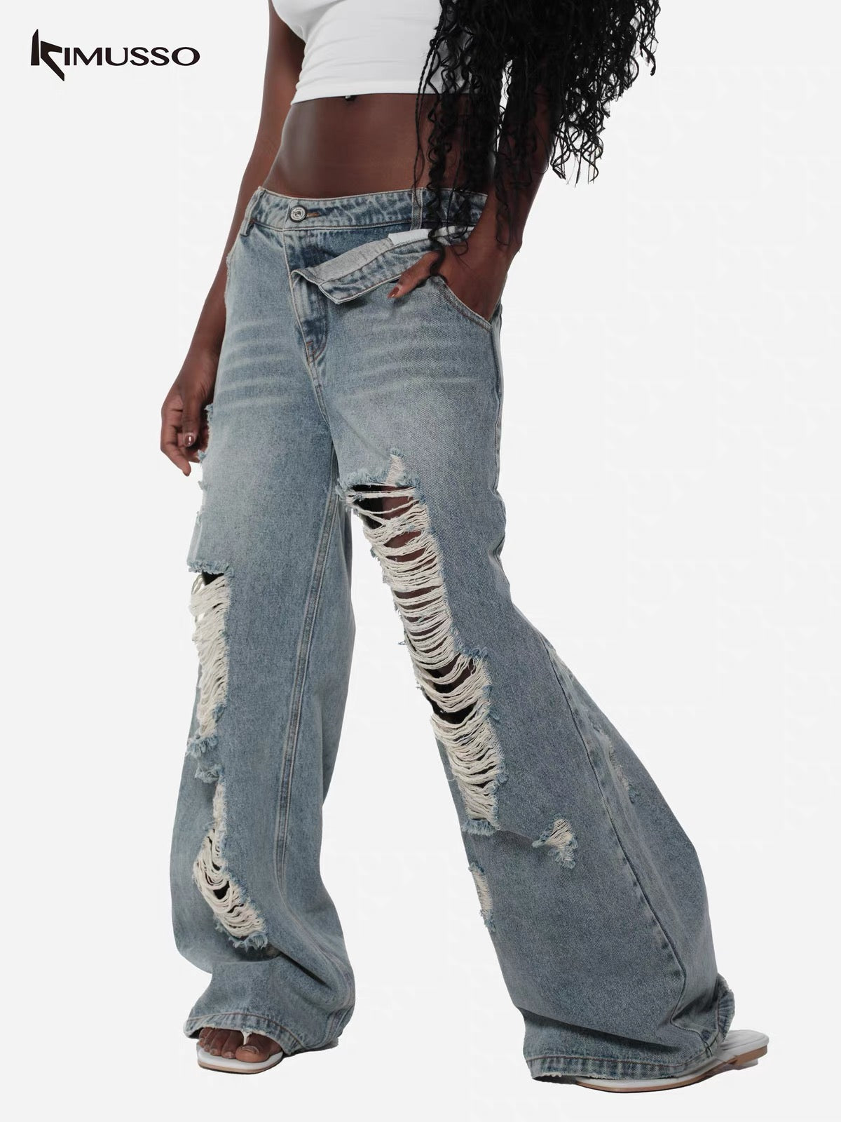 KIMUSSO layered waisthole jeans