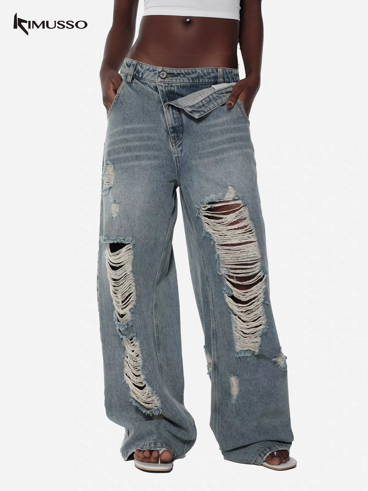 KIMUSSO layered waisthole jeans