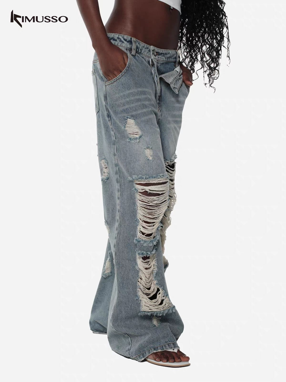 KIMUSSO layered waisthole jeans