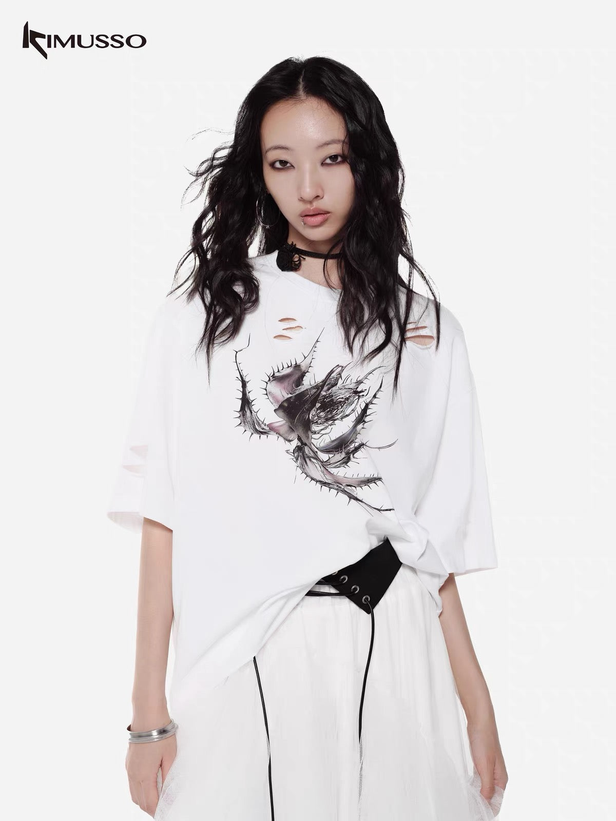 KIMUSSO Thorn Print Loose Short-sleeved T-shirt Women