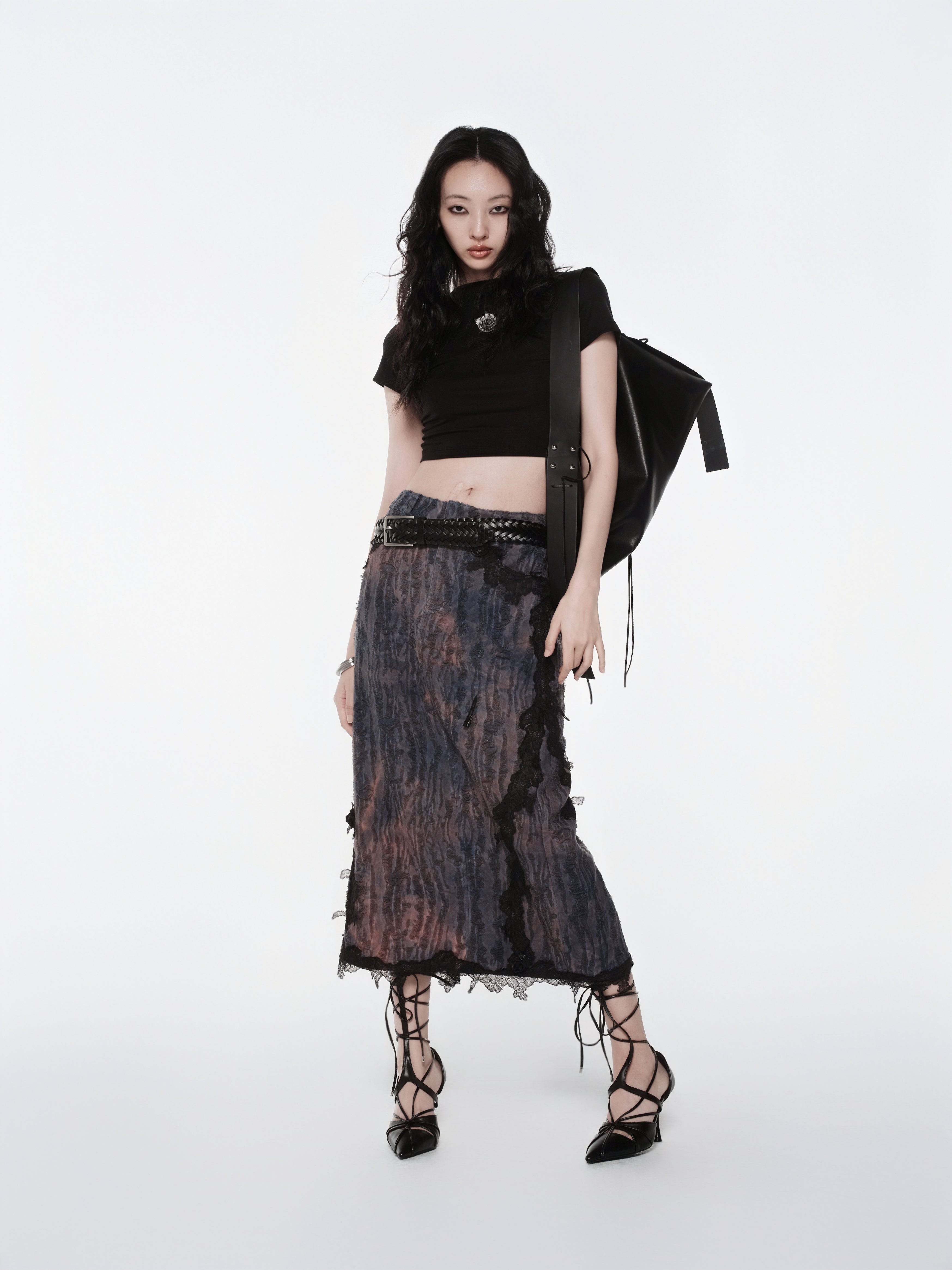 KIMUSSO “Mist Texture” Irregular Lace-Trim Maxi Skirt — Original Designer Piece
