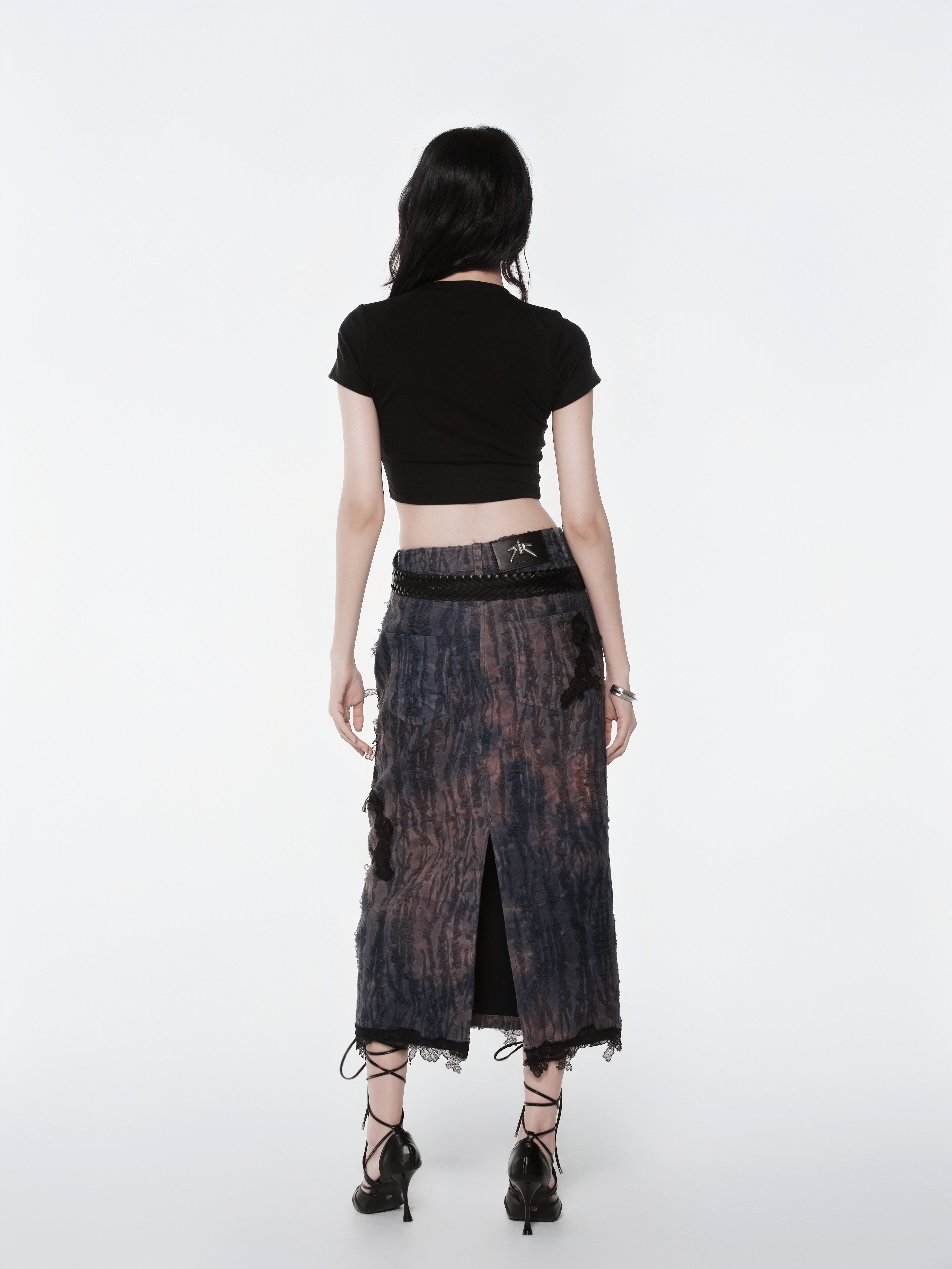 KIMUSSO “Mist Texture” Irregular Lace-Trim Maxi Skirt — Original Designer Piece
