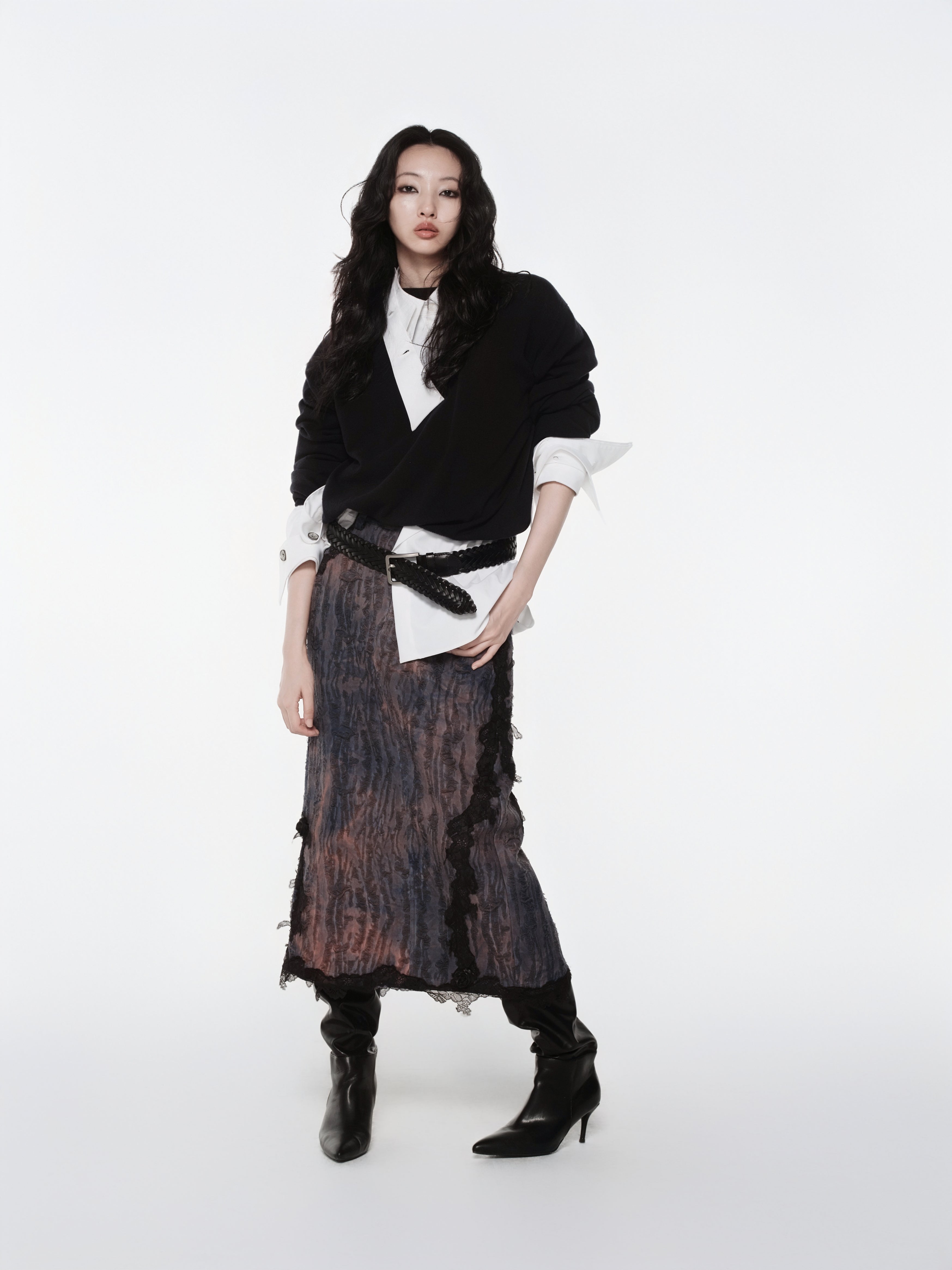 KIMUSSO “Mist Texture” Irregular Lace-Trim Maxi Skirt — Original Designer Piece