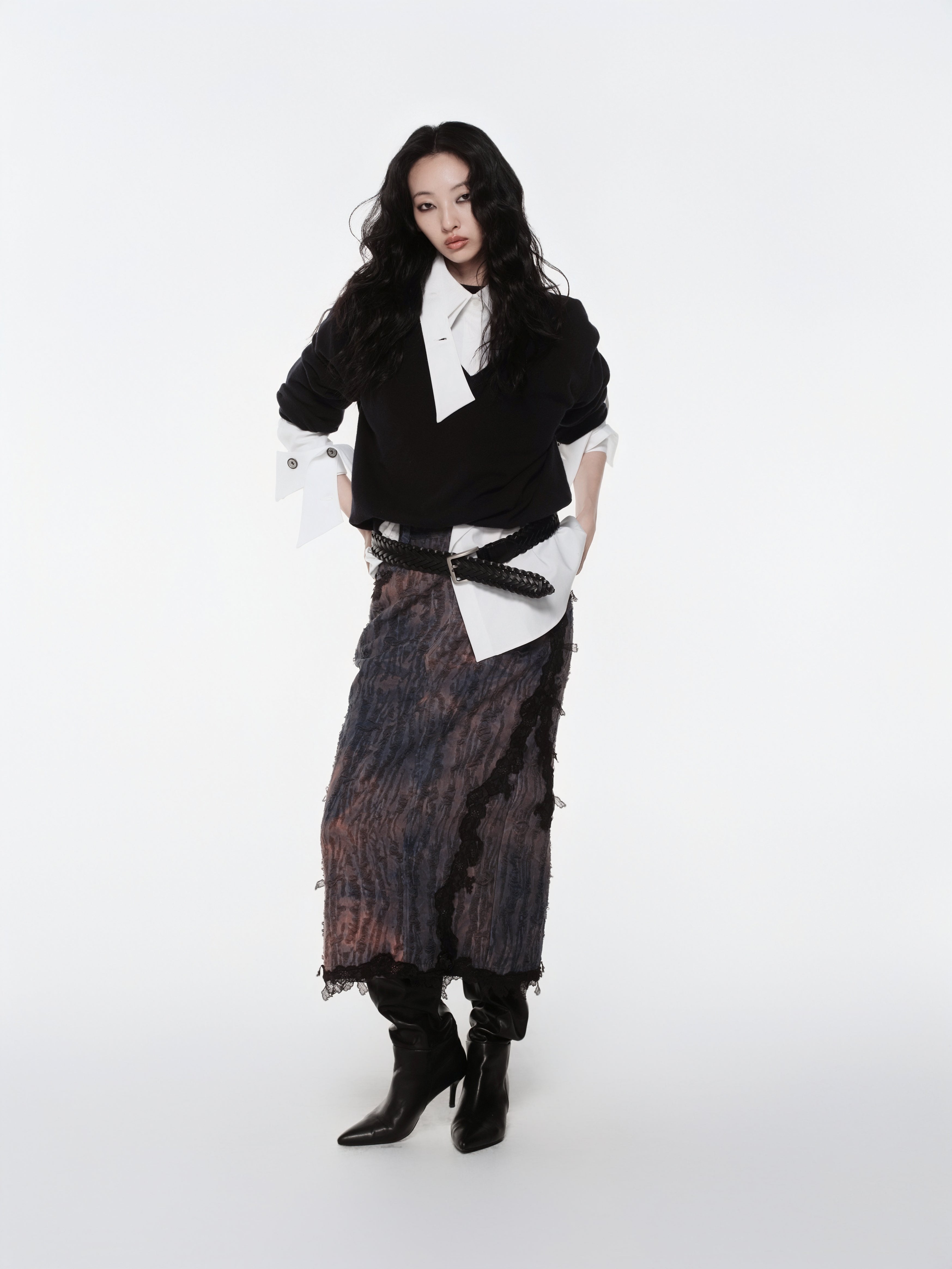 KIMUSSO “Mist Texture” Irregular Lace-Trim Maxi Skirt — Original Designer Piece