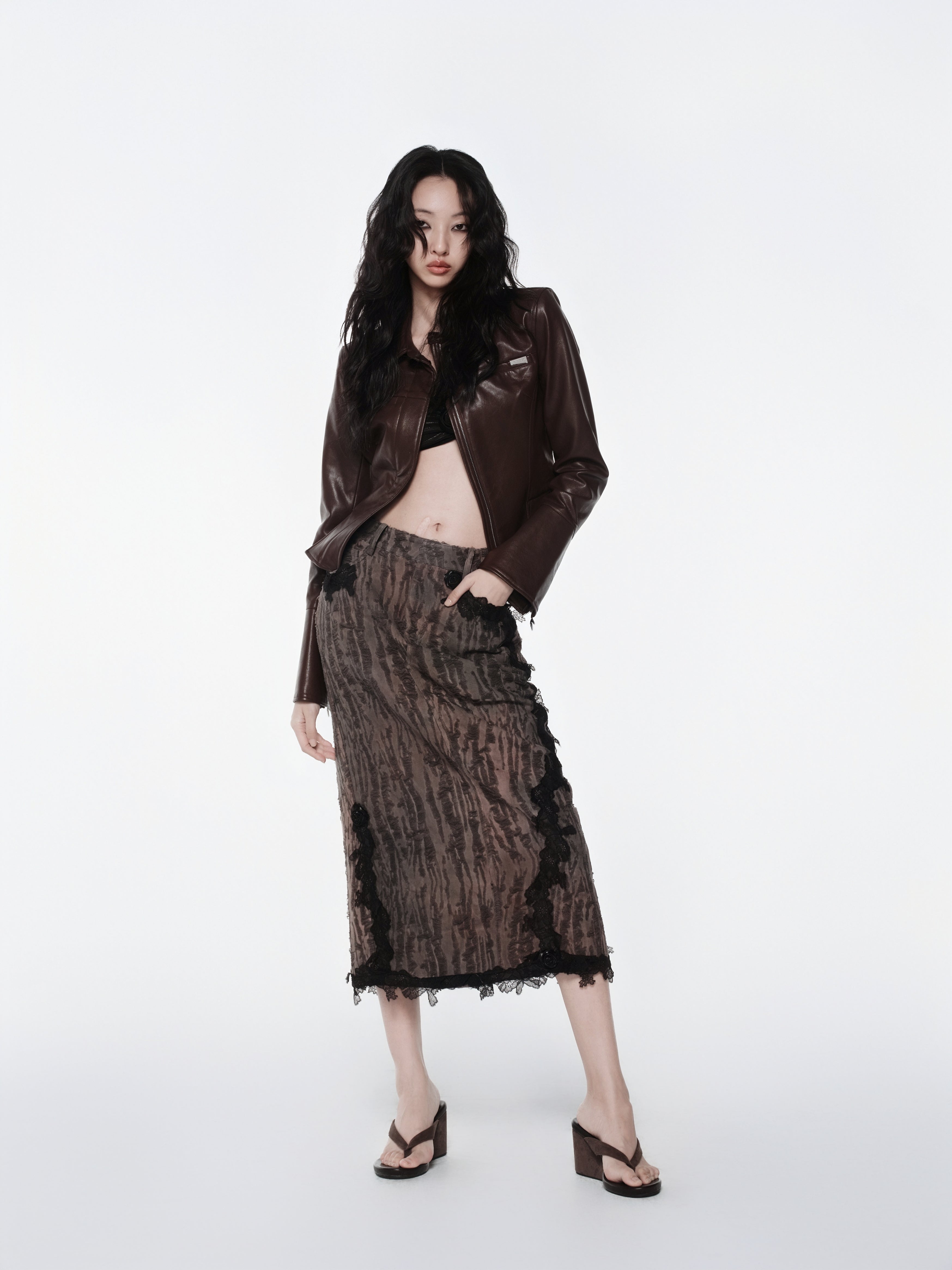 KIMUSSO “Mist Texture” Irregular Lace-Trim Maxi Skirt — Original Designer Piece