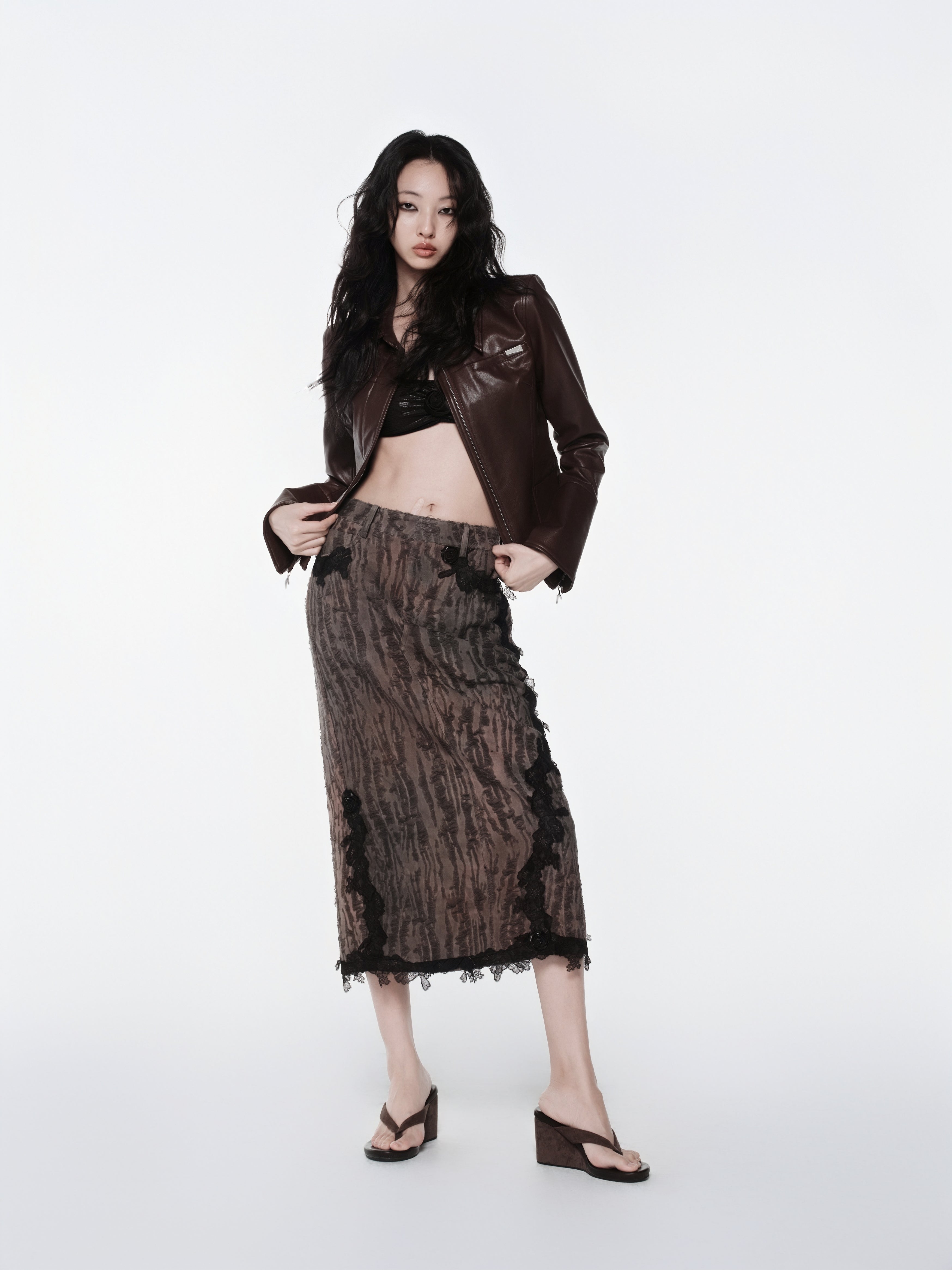 KIMUSSO “Mist Texture” Irregular Lace-Trim Maxi Skirt — Original Designer Piece